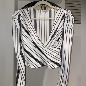 Iris black white grey striped deep v neck shirt long sleeve